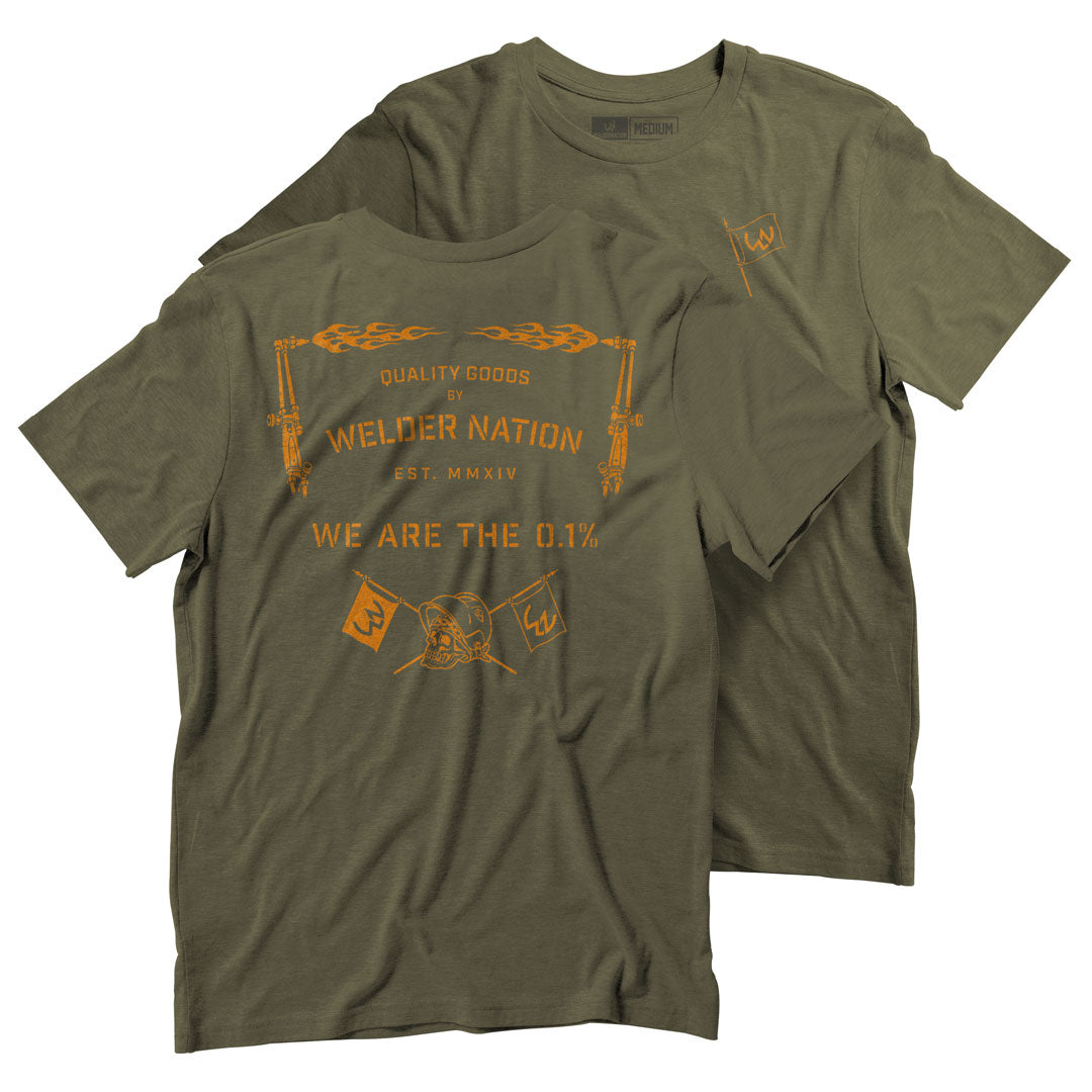 Front and Back of the Flag Nation T-Shirt in Military Green | Welder Nation