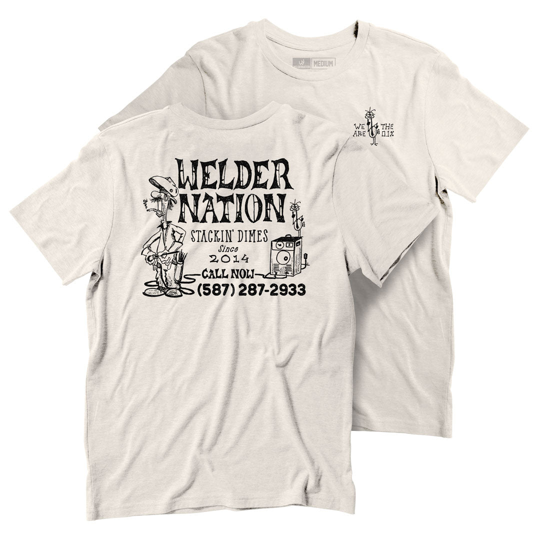 Front and Back of the Dime Stacker t-shirt in color sand | Welder Nation