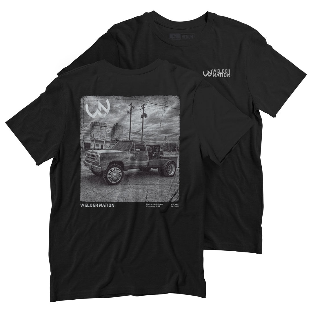 Front and Back of the Slick Rig T-Shirt in Color Black | Welder Nation