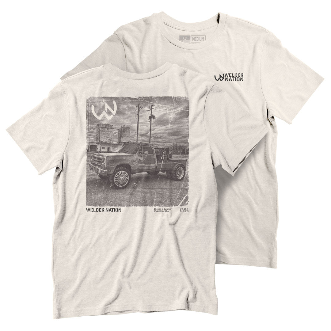 Front and Back of the Slick Rig T-Shirt in Color Sand | Welder Nation
