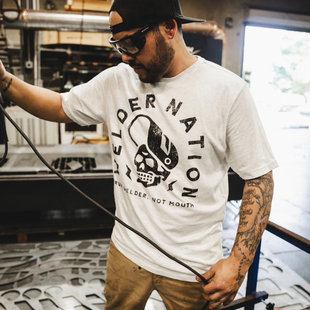 Welder Warning Tee Oatmeal Heather Front and Back | Welder Nation